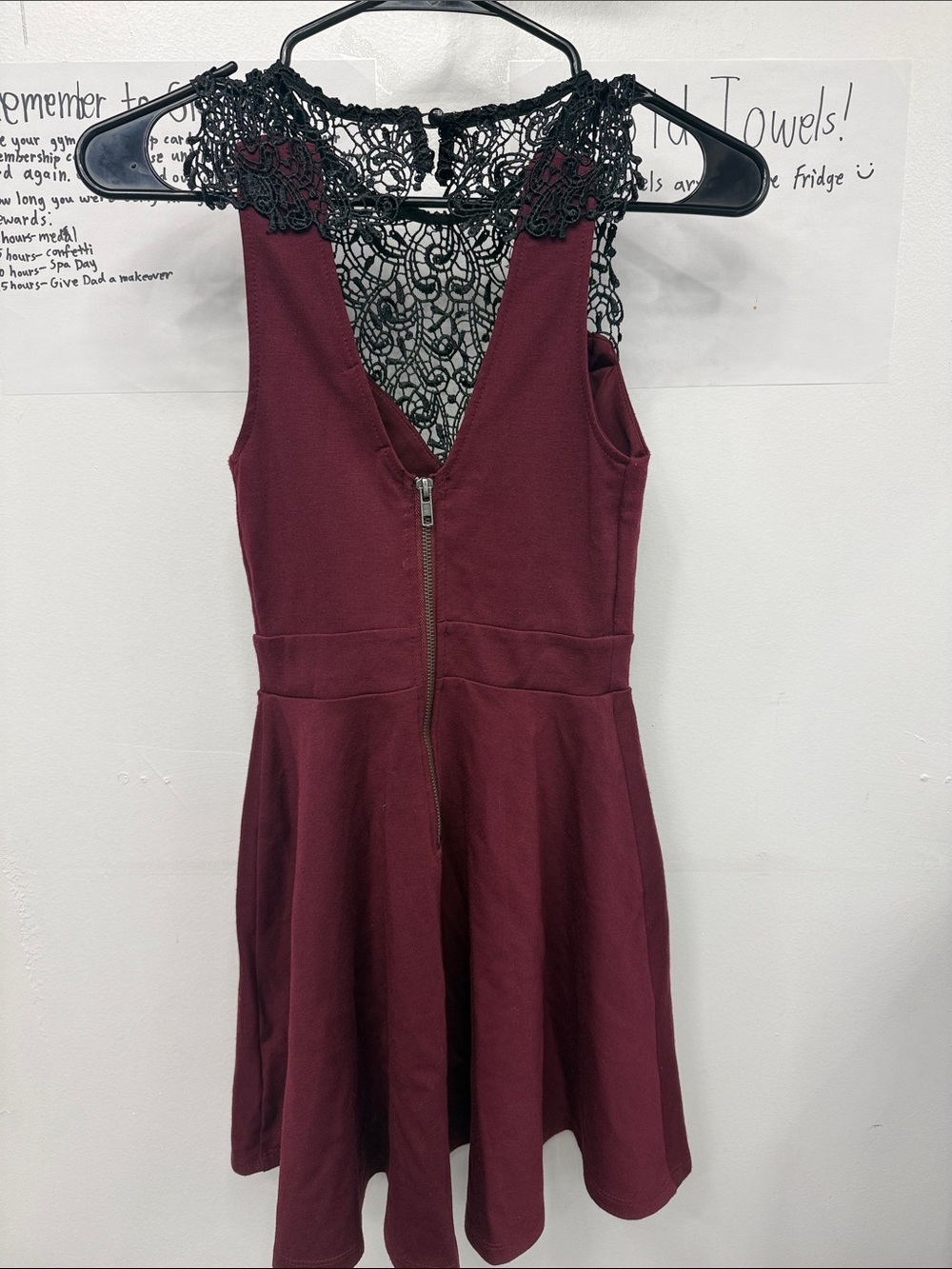 Material Girl Burgundy Mini Dress with Black Lace Yoke - Picture 3 of 5